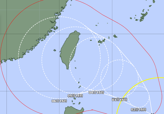 日本气象厅预估，「小犬」将扫过台湾南端，甚至有机率从台东上岸。（翻摄日本气象厅）