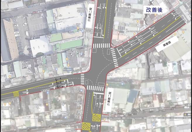 桃園市交通局原預計在介壽路與興豐路口規畫偏心左轉車道不過卻卡關。圖為模擬設計圖。（桃園市交通局提供／陳夢茹桃園傳真）