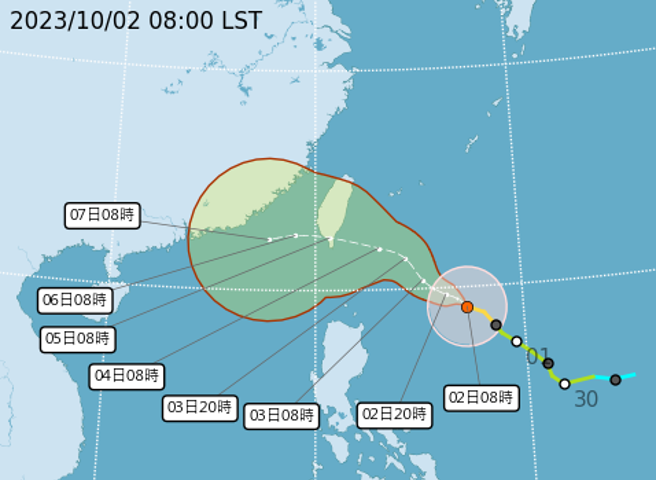中颱小犬凌晨2时中心位置在鹅銮鼻东南东方860公里海面上，向西北西前进。(翻摄自气象署)