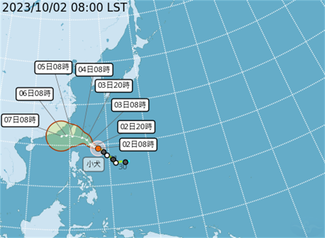 今年第14号颱风「小犬」正逐渐逼近南台湾，目前强度仍维持中度颱风水准，中央气象署表示，预计最快今晚将发布海上颱风警报，并在明日下半天发布陆上颱风警报。（取自气象署网站）