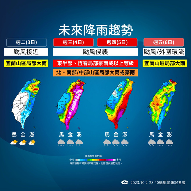 受小犬颱风影响，周三东半部降雨上看豪雨等级。（气象署）
