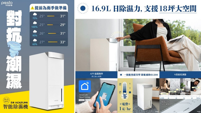  KOIZUMI KADG530 智能除湿机支援WiFi远端操作，可轻松打造舒适家居环境。（图／可易家电提供）