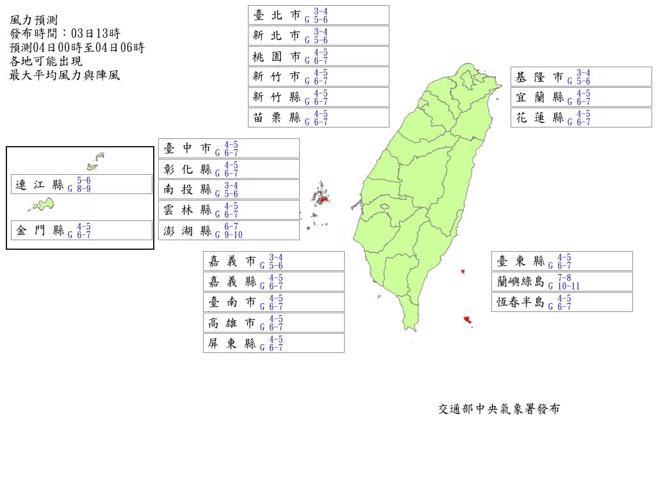 澎湖、兰屿、绿岛明天清晨风力达颱风假标准。（中央气象署提供）
