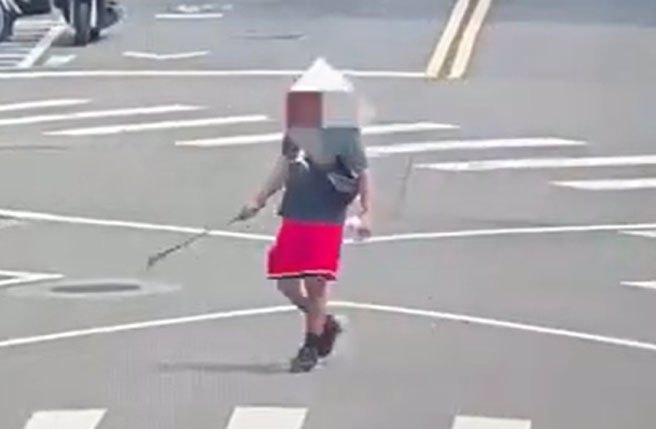 北市士林区林姓民眾，因宠物过世心情不佳，1日中午12时随手捡拾路边的木条，手持行走在克强路与磺溪街口，吓坏路过的女性民眾。(影片翻拍)