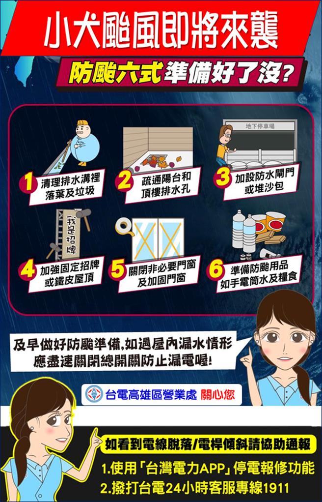 民眾要做好防颱准备，如遇屋内漏水情形应尽速关闭总开关防止漏电。（图片来源：台电高雄区处提供）
