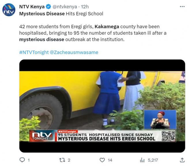 肯亚西部一所女子学校惊传有神秘疾病蔓延，多名学生出现四肢瘫痪状况。（图／翻摄自推特）