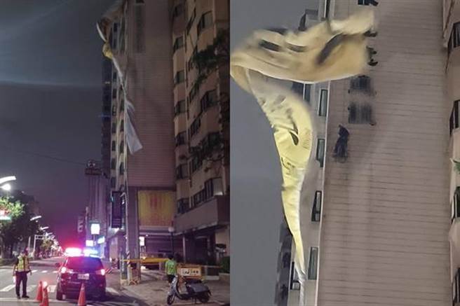 工人在狂風中以垂掛方式拆除帆布。（翻攝照片／洪靖宜高雄傳真）