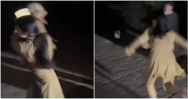 女子石头砸人。（图／翻摄自微博／沸点视频）