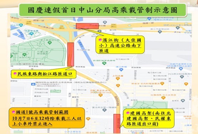 中山分局於112年10月7日自6至12時，將針對轄內國道1號圓山交流道包含民族東路與松江路匝道口、濱江街（大佳國小）高速公路南下匝道及建國高架(南往北建國高架、民權東路匝道出口前)實施高乘載管制。（圖／警方提供）