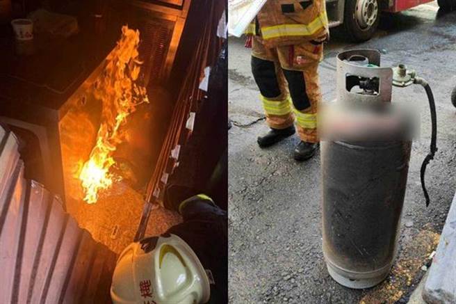 1家餐厅疑因煮食时瓦斯钢瓶不慎倒落，导致管线断裂持续起火并延烧周围杂物。（翻摄照片／洪靖宜高雄传真）