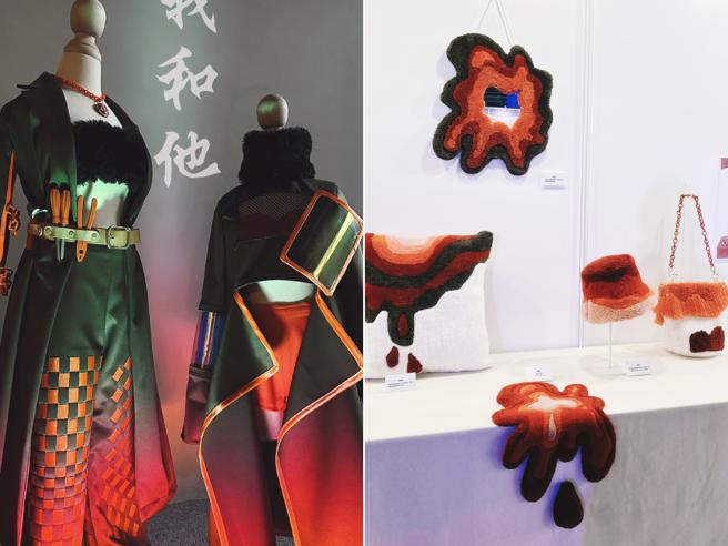 「那个皮工作室」以「探」为主题概念，用服装设计(左图)呈现每个人都披着一层保护色，应该探索自己的内心，传达女性探索自我与勇敢的力量，并以时下最夯的地毯枪创作居家小物(右图)，重新诠释女性生理意象。（图片来源：高雄市青年局提供）
