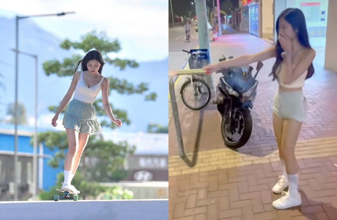 辣妹街头放眼火，身分遭起底是「滑板女神」Sophia。（图／翻摄自东网）