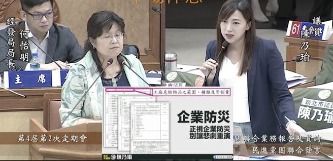 2023年10月6日新北市／民进党新北市议员陈乃瑜6日在议会质询时，要求市府落实工厂6大类公共危险物品存放量稽查。（新北市议员陈乃瑜提供／吕健豪新北传真）