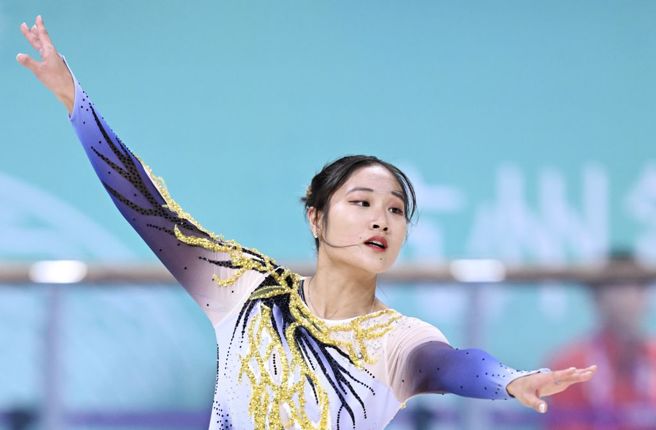 中华队滑轮女将洪筱晴在短曲第1名。（新华社）