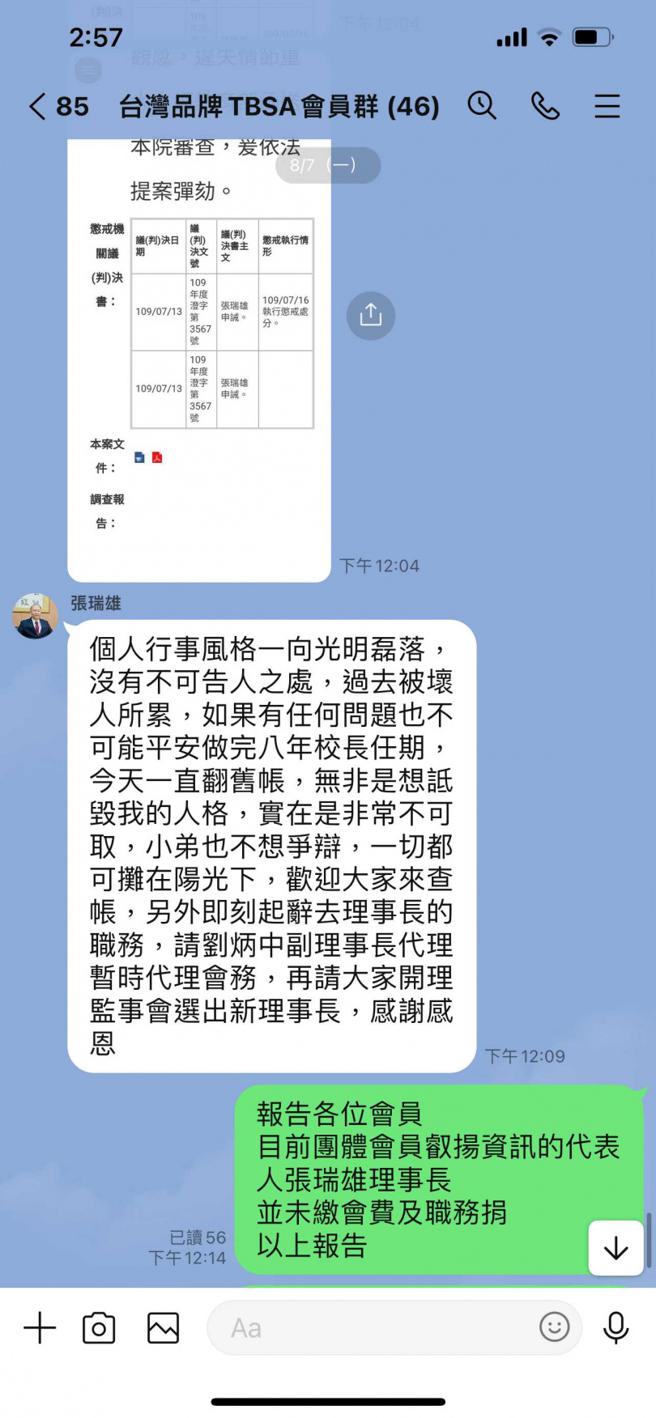 「台灣品牌永續協會」理事長張瑞雄因會務費用等問題遭質疑，他一度氣得辭職，後來又撤回。（圖／讀者提供）