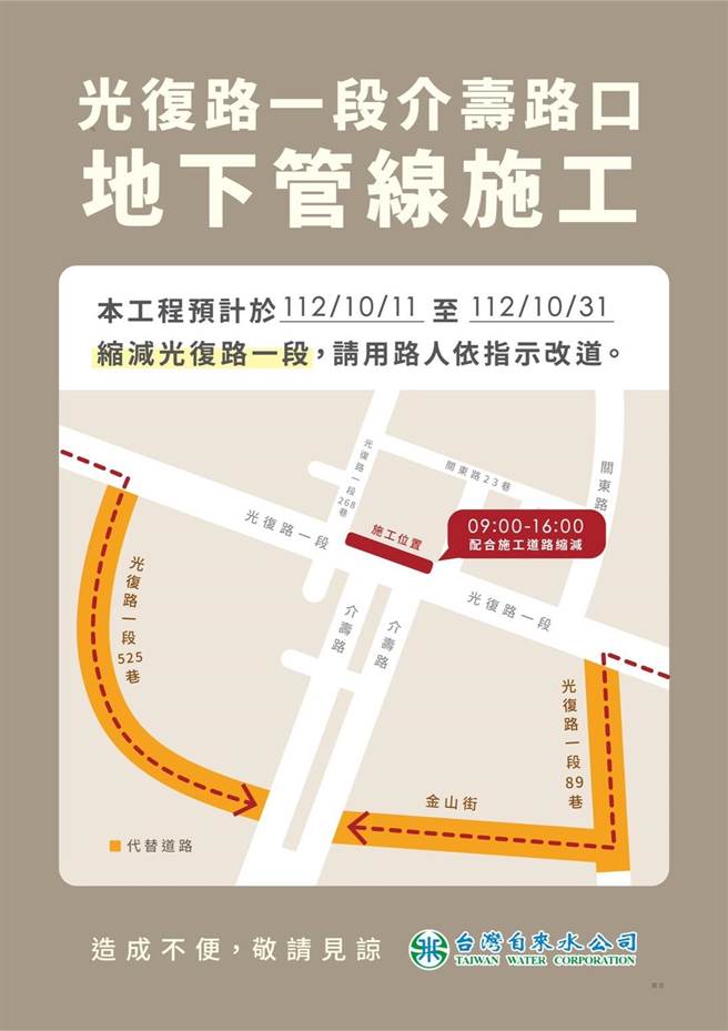 ，新竹市光復路一段与介寿路口自11日起每日上午9时至16时封闭路口部分区域及缩减车道进行施工。（新竹市政府提供／陈育贤新竹传真）
