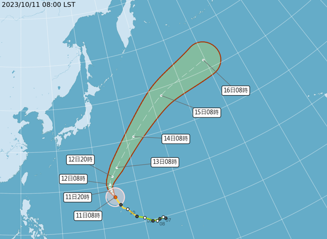 布拉万升级强颱，未来将往北北西前进，向日本南方海域移动。（中央气象署提供）