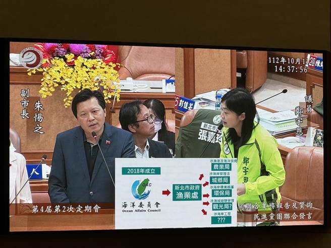 新北市议员郑宇恩（右）抛出新北是否比照桃园市，成立二级单位海岸管理工程处，新北市副市长朱惕之（左）则认为，机关再怎么设置都不够，每个城市治理都有目的事业主管机关。 （柯毓庭摄）