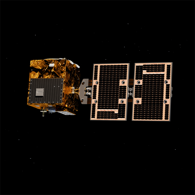 台湾首枚自制气象卫星「猎风者」（TRITON）9日成功升空，图为猎风者3D模型。(国家太空中心提供／曹婷婷台南传真)