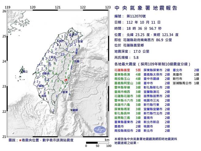 中央氣象署公布今天晚間6點36分發生的地震資訊。(摘自中央氣象署網站／曹婷婷台南傳真)