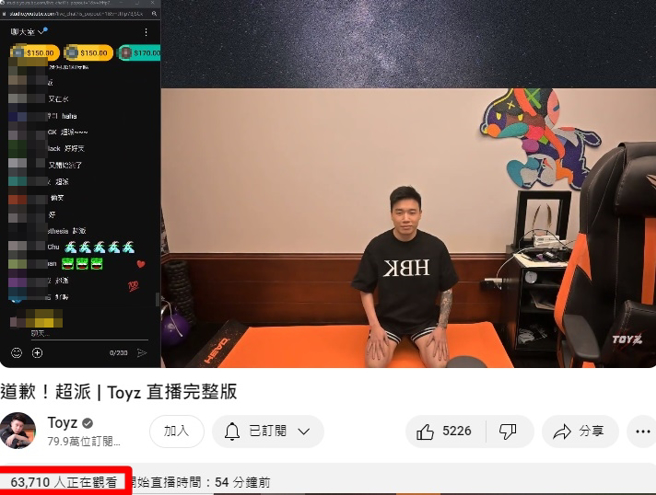 Toyz直播引6万多网友观看。（图／YouTube）