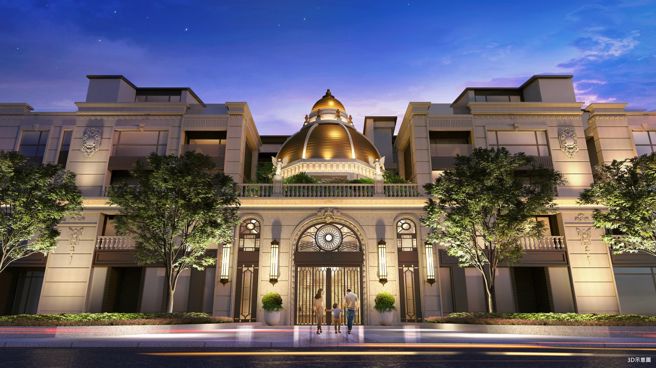 「甲山林花园帝宝」位于屏东演艺厅特区，以巴洛克岗石打造地标门面。(图/宏道新竹帝宝)