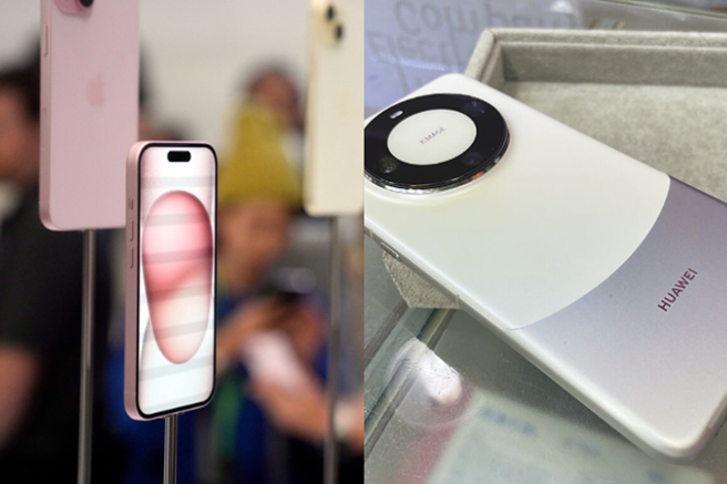 蘋果iPhone 15（左），和華為新機Mate 60 Pro（右）各有擁護者。（合成圖／路透社、中新社）