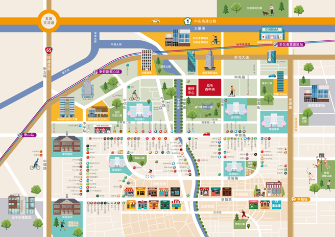 副都心面积仅100公顷土地稀有，「亚昕森中央」位于副都心正中央并坐拥前后公园，主推40坪3房及28坪2房。赏屋者超过50%是新庄地缘客，产品优质深受当地认同。图片为周边机能图。(图:亚昕提供)