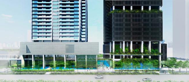 亚湾特贸三南之南未来将配置一栋 45层 176 米住宅大楼及美术馆，以及一栋29层120 米商办大楼。（立体通廊模拟示意图片来源：高雄市都发局提供）
