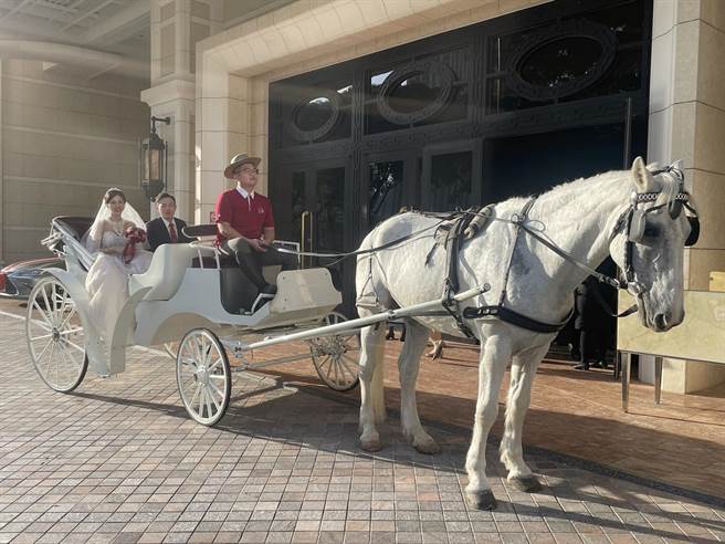 高雄林皇宫特别推出「幸福来LIN　皇室马车婚礼」新企画，他们为新人们安排乘坐古典马车来到婚礼现场的桥段，犹如童话故事中的白马王子与公主举办浪漫婚礼。（洪浩轩摄）