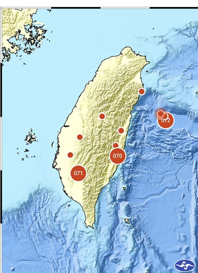 晚間10：04發生有感地震，位於花蓮縣政府東方66.9公里的臺灣東部海域。資料來源／中央氣象署