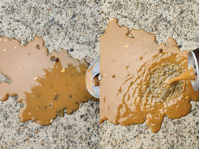 男子将咖啡倒在地上，直呼咖啡有漂浮物相当可怕。（翻摄自爆怨公社脸书）