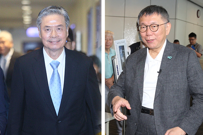 国民党总统参选人侯友宜竞选办公室执行长金溥聪（左）15日举行记者会，金向民眾党主席柯文哲（右）喊话，希望能照预定时程举行第二次会议。（中时张铠乙、 陈怡诚摄影）