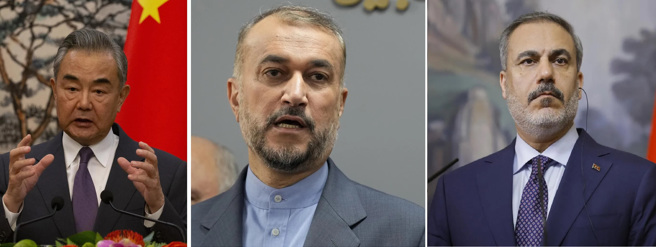 大陸外長王毅(左)，與伊朗外長阿卜杜拉希揚(中)，及土耳其外長費丹(右)通話， 稱正與各方溝通。(圖/美聯社)