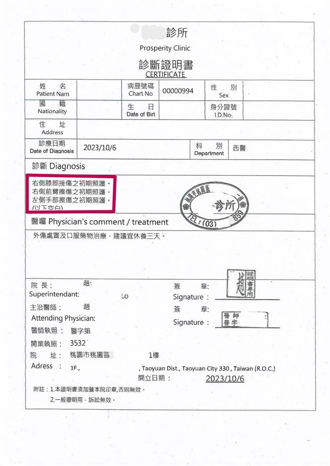 男教职员身上右侧膝部、右侧前臂、左侧手部等擦伤。（桃园市教师会暨桃园市各级学校产业工会提供／陈梦茹桃园传真）