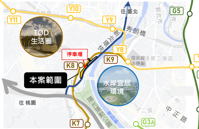 安坑轻轨K8站周边地区（J单元）开发面积约1.4974公顷，区内画设0.7702公顷住宅区，及公园、停车场用地、道路等公共设施用地0.7272公顷。（新北市地政局提供）