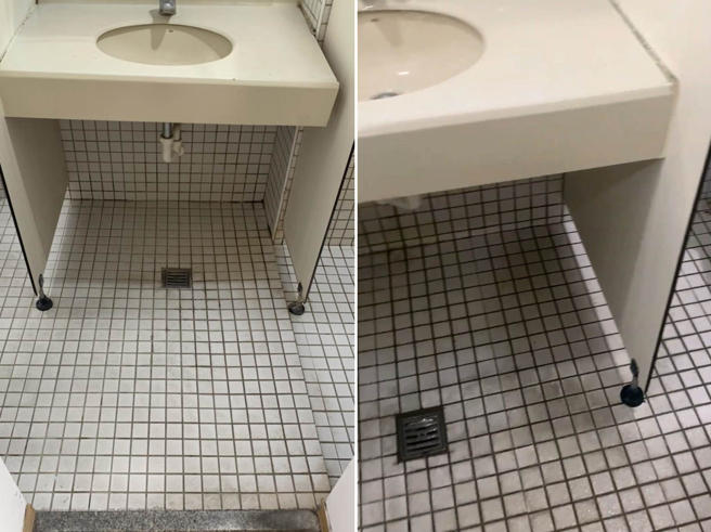 （左）学生表示，在学期结束后、退宿时，他们也有拍摄影片显示环境、地板都是清洁乾净的；（右）学校拍摄画面，认为校内住宿生「洗手台下方没洗乾净」复查未通过，要扣1千元住宿保证金。（读者提供／张妍溱台中传真）