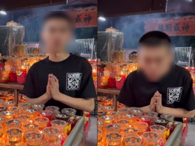 黑衣男在石龙宫庆生时，试图吹熄光明灯。（翻摄自TikTok）