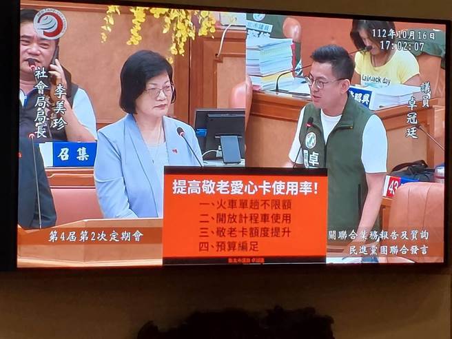 民进党新北市议员卓冠廷今在议会质询批新北敬老爱心卡使用偏低，提出火车单趟不限额、开放计程车使用、敬老卡额度提升、预算编足四大建议。（陈慰慈摄）