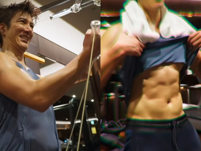 王力宏秀出六块肌，靠健身维持好身材。（图／翻摄自王力宏脸书）