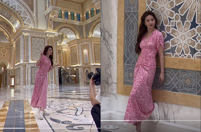 刘亦菲晒出拍广告花絮，可见她只拍上半身时，下半身改穿舒服的洞洞鞋。（图／翻摄自刘亦菲微博）