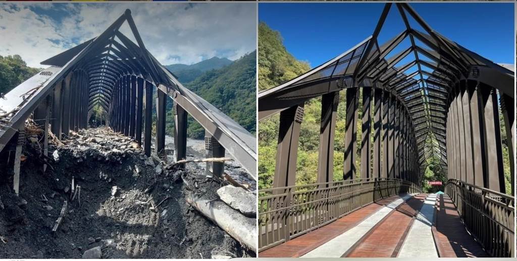 奧萬大清水溪橋2022年10月熱鬧啟用（右），今年8月初遭卡努重創，橋面土石、漂流木堆3公尺高（左）。（林業保育署南投分署提供／楊靜茹南投傳真）