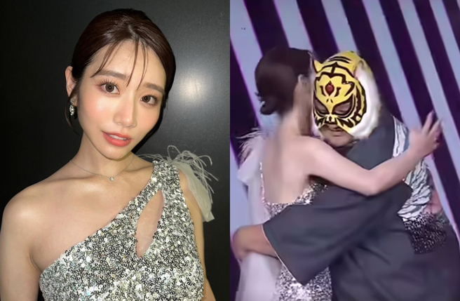 河北彩花在舞台上被中指通拥抱。（图／翻摄自saika_kawakita__official IG、Joeman脸书）