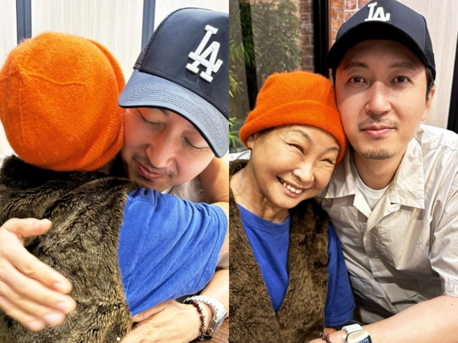 天心老公与妈妈拥抱画面温馨。（翻摄自天心 IG）