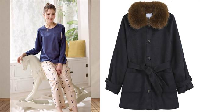 大葉高島屋的「羅絲美輕鬆時刻100％純棉長袖衣褲裝」（左），原價2780元、特價1590元；IRIS毛領羊毛大衣，原價10900元、特價4290元，等同打了約4折。（大葉高島屋提供／朱世凱台北傳真）