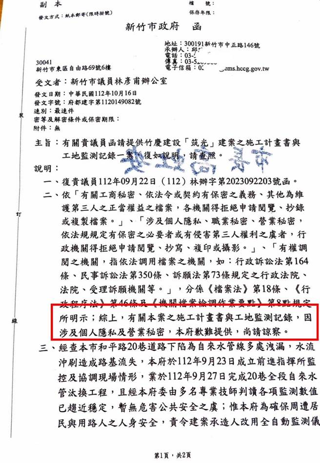 新竹市和平路1处建案工地旁上个月21日出现塌陷，市议员林彦甫（右一）要不到建案施工计画书与监测记录，怒轰不受监督，如何能有公共安全？（摘自林彦甫脸书／陈育贤新竹传真）