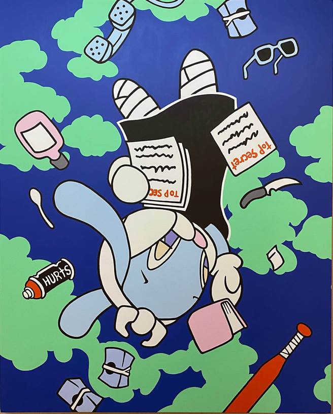 日本塗鴉藝術家Aruta Soup筆下的繃帶兔子反映所處時代的複雜和混亂。（紅野畫廊提供／李怡芸台北傳真）