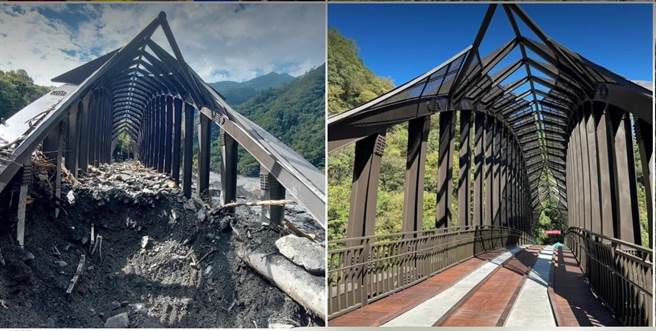 奥万大清水溪桥2022年10月热闹启用（右），今年8月初遭卡努重创，桥面土石、漂流木堆3公尺高（左）。（林业保育署南投分署提供／杨静茹南投传真）