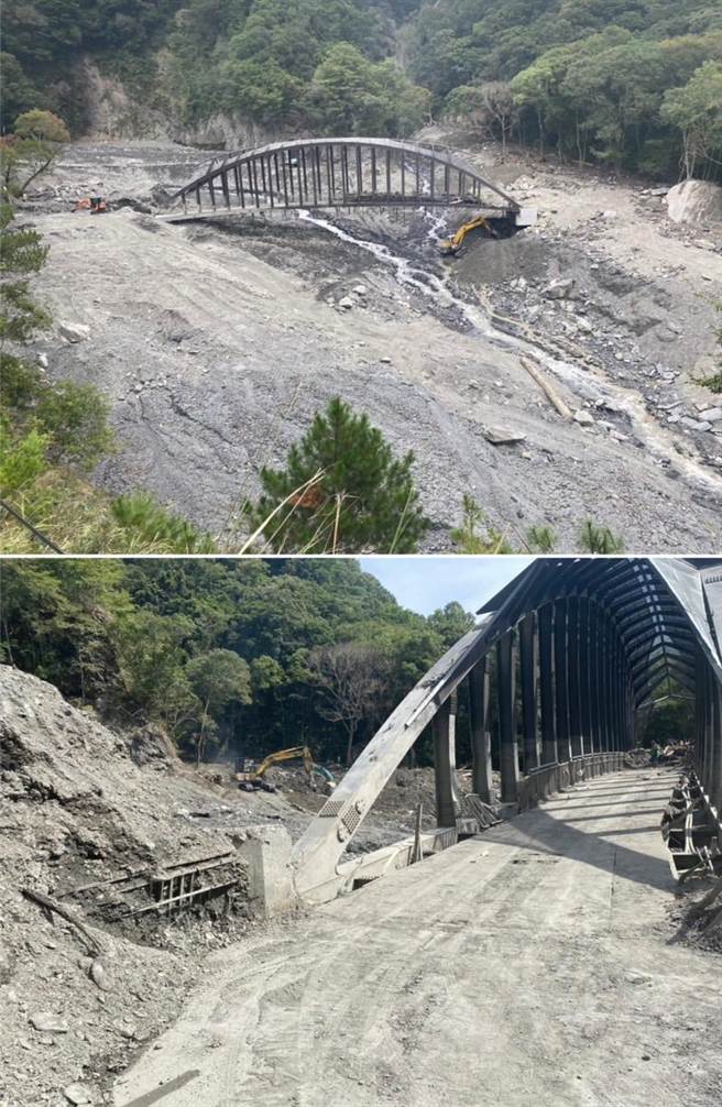 奥万大清水溪桥桥面原本距溪床约12公尺深，却惨遭土石流覆盖，如今已清除桥面土石抢通。（林业保育署南投分署提供／杨静茹南投传真）