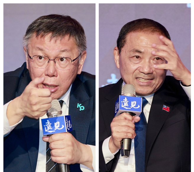 网路投票显示，66% 表示支持蓝白继续合作双赢，侯必须有自己主见。图为民眾党总统参选人柯文哲（左）、国民党总统参选人侯友宜（右）。（合成图，郭吉铨摄）